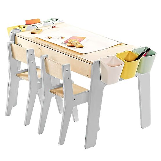 Kindermöbelset Tisch und zwei Stühle mit Zubehör - grau
