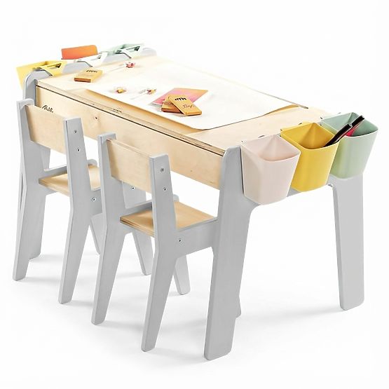 Kindermöbelset Tisch und zwei Stühle mit Zubehör - grau