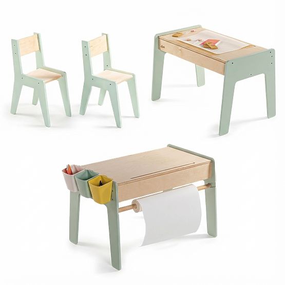 Kinderset Tisch und zwei Stühle mit Zubehör - Mintgrün