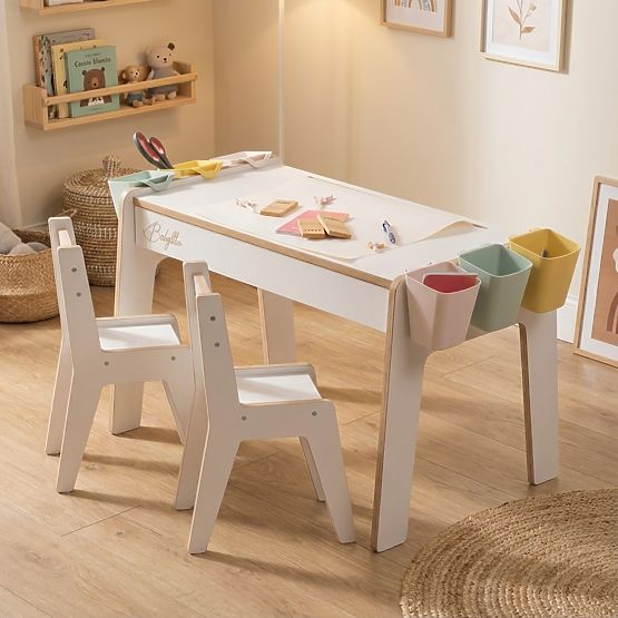 Kinderset Tisch und zwei Stühle mit Zubehör - Weiß
