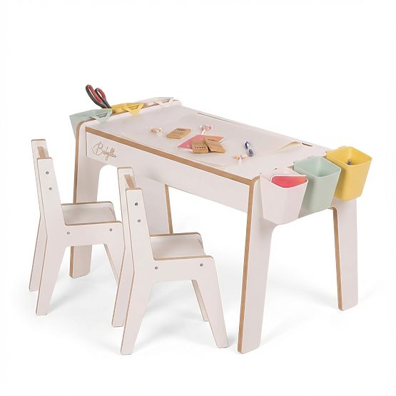 Kinderset Tisch und zwei Stühle mit Zubehör - Weiß