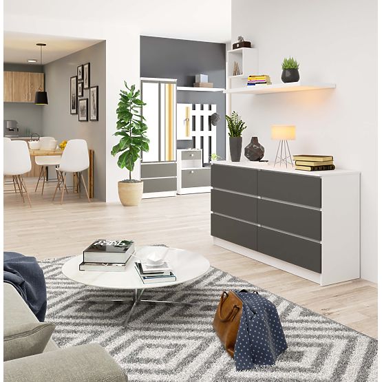 Kommode K 140 cm 6 Schubladen PK weiß-grafitgrau