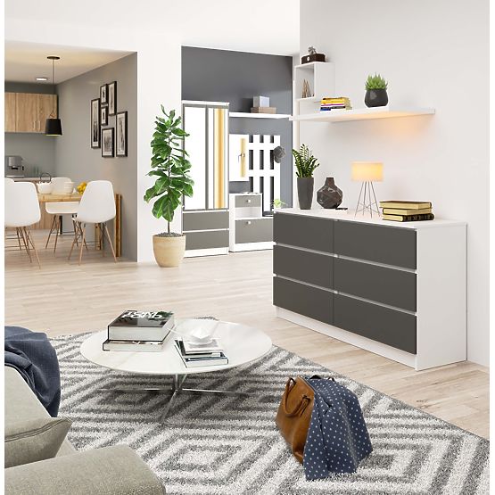 Kommode K 140 cm 6 Schubladen PK weiß-grafitgrau