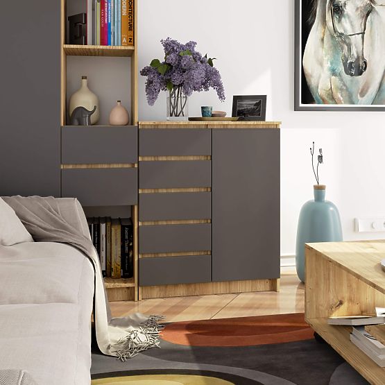 KOMMODE K80 1T 5SZ PK EICHE ARTISAN / GRAFITGRAU