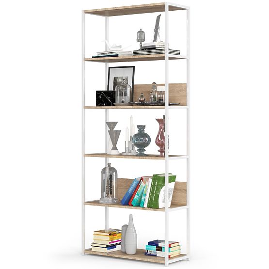 Metall-Loftregal 80 cm - Weiß-Sonoma-Eiche - 6 Regalböden