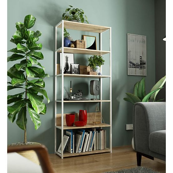 Metall-Loftregal 80 cm - Weiß-Sonoma-Eiche - 6 Regalböden