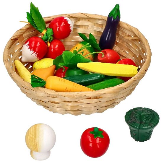 Obst und Gemüse aus Holz im Korb 21-tlg
