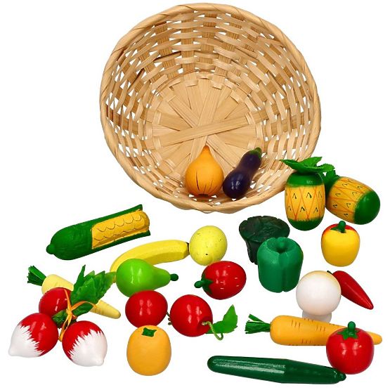 Obst und Gemüse aus Holz im Korb 21-tlg
