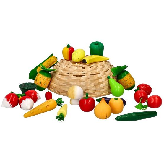 Obst und Gemüse aus Holz im Korb 21-tlg