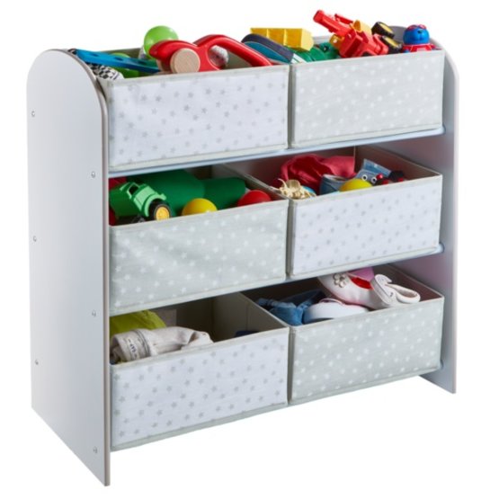 Spielzeug Organizer mit grauen und weißen Boxen