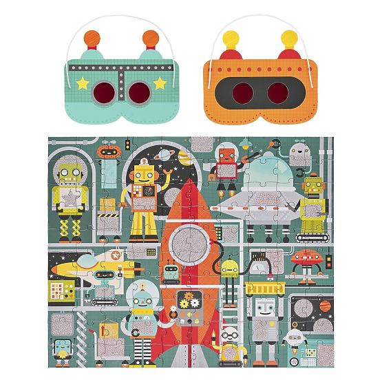 Petit Collage Puzzle Roboter 100 Teile mit 3D-Brille