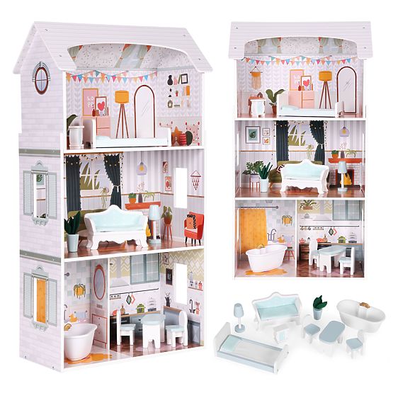 Puppenhaus Alice 3 Etagen 4 Zimmer Set mit 9 Möbelstücken ECOTOYS