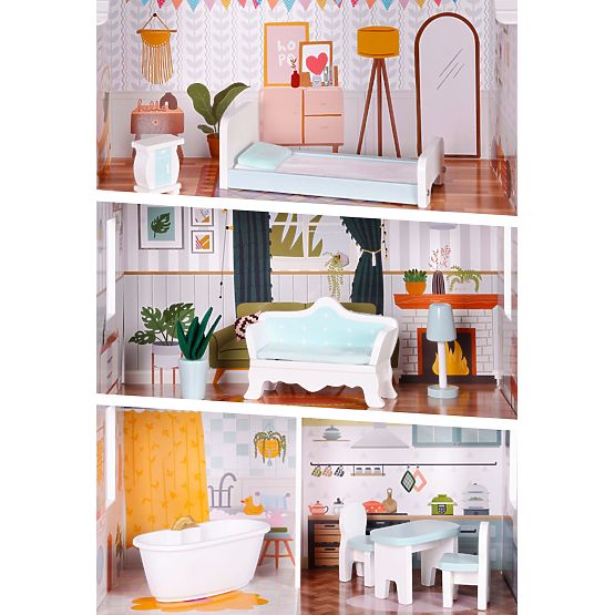 Puppenhaus Alice 3 Etagen 4 Zimmer Set mit 9 Möbelstücken ECOTOYS
