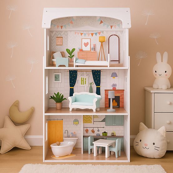 Puppenhaus Alice 3 Etagen 4 Zimmer Set mit 9 Möbelstücken ECOTOYS