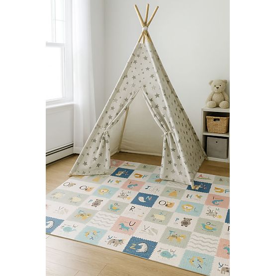 Schaumstoffmatte für Kinder 200x180 cm, beidseitig, mit Wachstumsmaßstab und Alphabet, ECOTOYS
