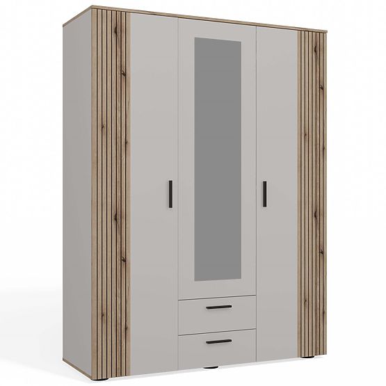 SCHRANK AVA 150 CM SPIEGEL 2 SCHUBLADEN GERILLTE FRONT EICHE EVOKE KASCHMIR BEIGE