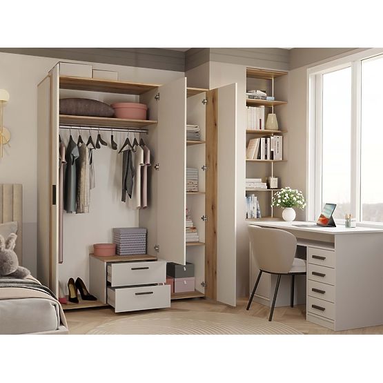 SCHRANK AVA 150 CM SPIEGEL 2 SCHUBLADEN GERILLTE FRONT EICHE EVOKE KASCHMIR BEIGE