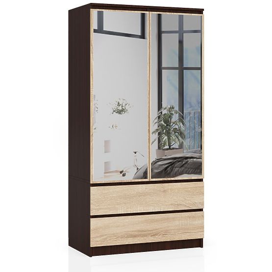 SCHRANK S 90 cm 2 TÜREN 2 SCHUBLADEN 2 SPIEGEL PK WENGE / SONOMA