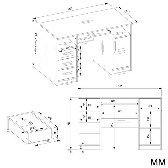 SCHREIBTISCH DELTA EICHE ARTISAN 120 cm 3 Schubladen Schrank Regal Für Büro Zimmer Für Laptop