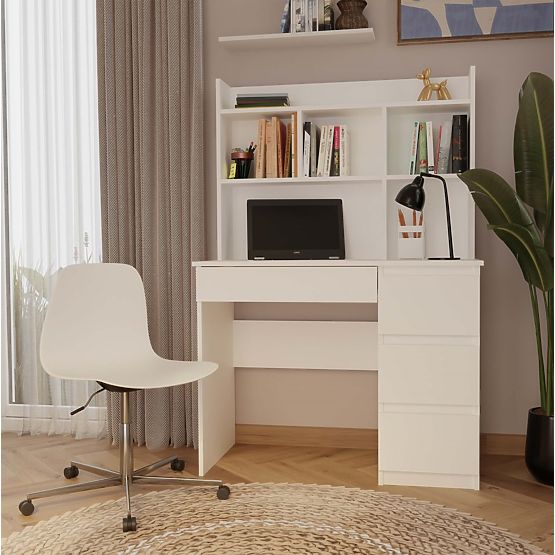 Schreibtisch MIJAS Rechts mit Aufsatz Mattweiß 4 Schubladen 4 Regale für Büro und Zimmer