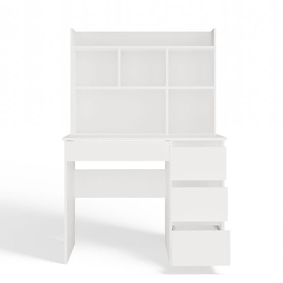 Schreibtisch MIJAS Rechts mit Aufsatz Mattweiß 4 Schubladen 4 Regale für Büro und Zimmer