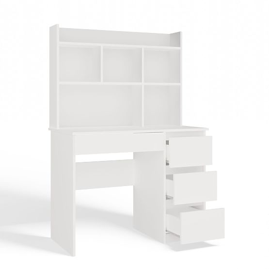 Schreibtisch MIJAS Rechts mit Aufsatz Mattweiß 4 Schubladen 4 Regale für Büro und Zimmer