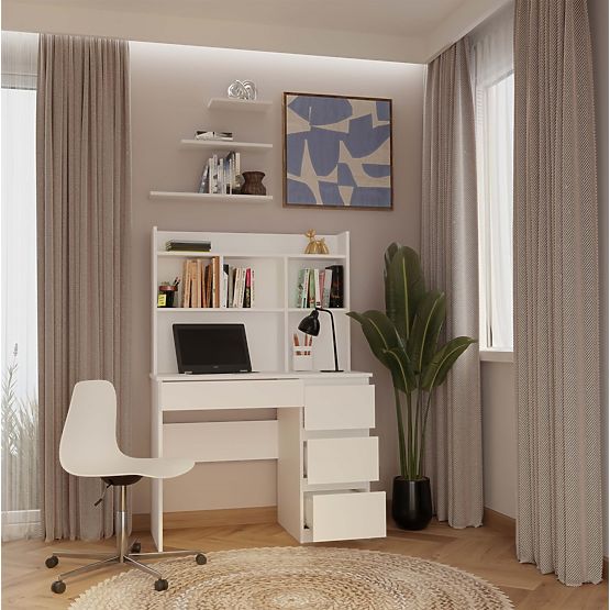 Schreibtisch MIJAS Rechts mit Aufsatz Mattweiß 4 Schubladen 4 Regale für Büro und Zimmer