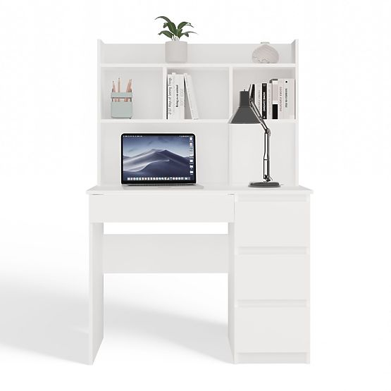 Schreibtisch MIJAS Rechts mit Aufsatz Mattweiß 4 Schubladen 4 Regale für Büro und Zimmer