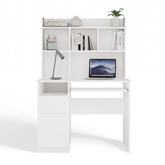 Schreibtisch PORTO Links mit Aufsatz Mattweiß Schublade Regale für Büro und Zimmer