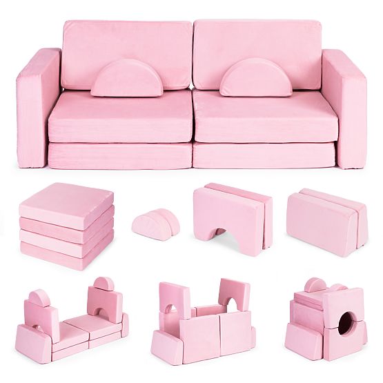 Großes modulares faltbares Kindersofa für 2 Personen DIY 10 weiche Kissen - rosa ECOTOYS