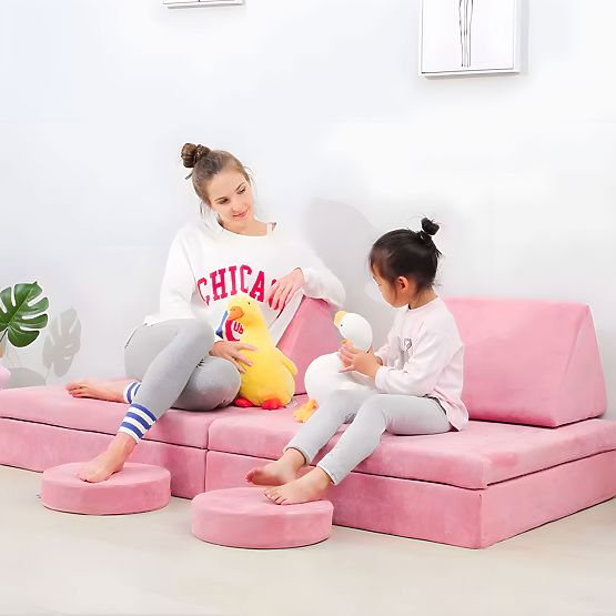 Großes modulares faltbares Kindersofa für 2 Personen DIY 10 weiche Kissen - rosa ECOTOYS