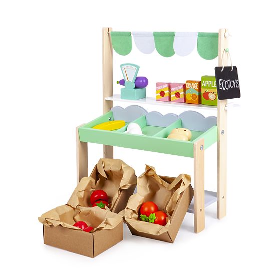 Verkaufsstand aus Holz mit Gemüse