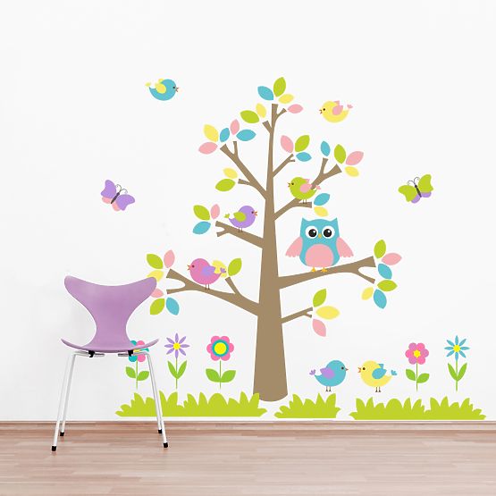 Wandaufkleber - Bunter Baum und Tiere