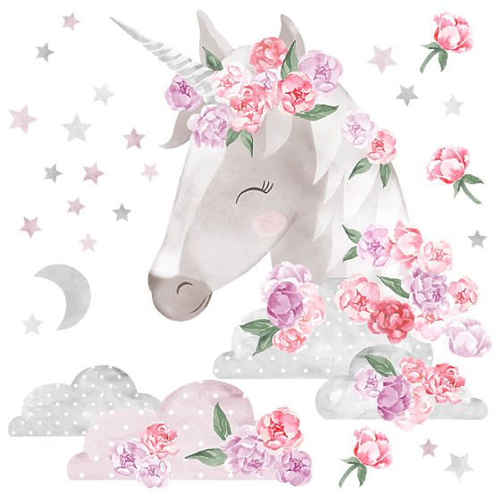 Wandtattoo Einhorn mit Blumen - rosa