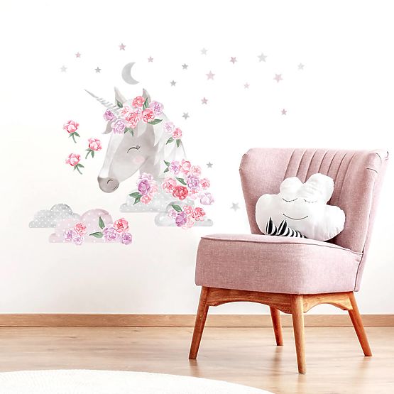 Wandtattoo Einhorn mit Blumen - rosa