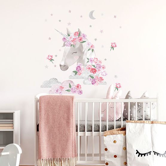 Wandtattoo Einhorn mit Blumen - rosa