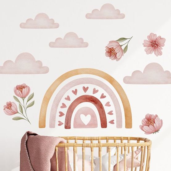 Wandaufkleber - Regenbogen mit Blumen
