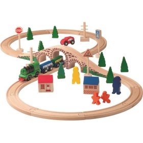 Holzeisenbahn mit Zug und Lokomotive