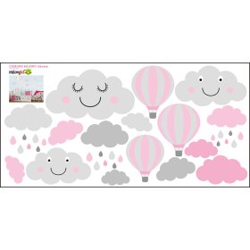 Wandaufkleber - Wölkchen und Luftballons grau/pink