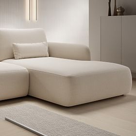 Ausziehbare Ecksofa Mossa mit Stauraum, rechtsseitig, hellbeige, abgerundete Formen