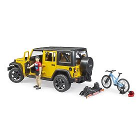 Bruder Jeep Wrangler Rubicon mit Radfahrer und Fahrrad