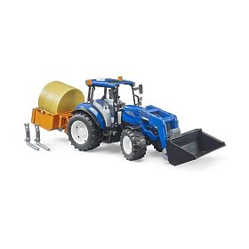 Bruder Traktor New Holland T5.120 mit Frontlader, Kippmulde, Gabeln und Rundballen