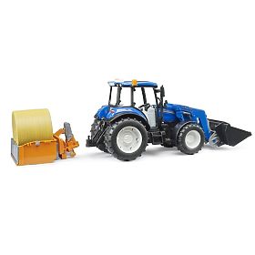Bruder Traktor New Holland T5.120 mit Frontlader, Kippmulde, Gabeln und Rundballen