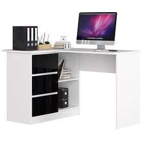 ECKSCHREIBTISCH B16 124 cm LINKS 3 SCHUBLADEN KORPUS WEISS / SCHWARZ HOCHGLANZ