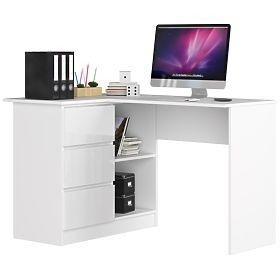 ECKSCHREIBTISCH B16 124 cm LINKS 3 SCHUBLADEN PK WEISS / WEISS HOCHGLANZ
