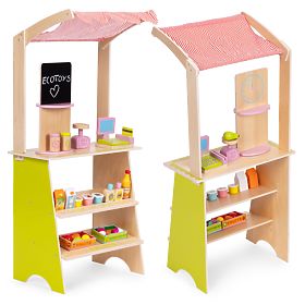 Großer Holzstand für Kinder mit Terminal und Waage Obst Gemüse 20 Elemente ECOTOYS