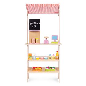 Großer Holzstand für Kinder mit Terminal und Waage Obst Gemüse 20 Elemente ECOTOYS
