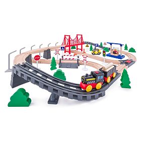 Holzeisenbahn mit batteriebetriebener Lokomotive, 80 Teile