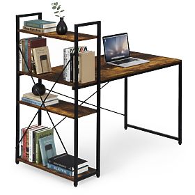 Schreibtisch 120x60 cm mit Regal mit 3 Regalböden, antikes Nussbaumholz, Loft ModernHome